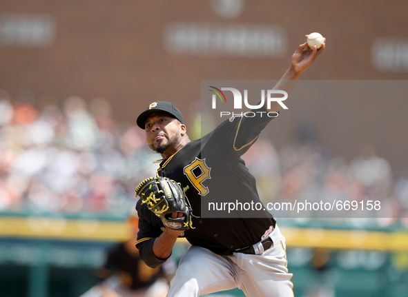 Pittsburgh Pirates starting pitcher Francisco Liriano pitches the fifth inning of a baseball game against the Detroit Tigers in Detroit, Mic...