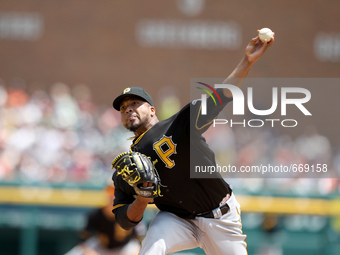 Pittsburgh Pirates starting pitcher Francisco Liriano pitches the fifth inning of a baseball game against the Detroit Tigers in Detroit, Mic...