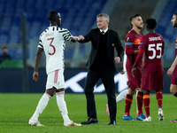 Eric Bailly of Manchester United shakes hand to Ole Gunnar Solskjaer manager of Manchester United during the UEFA Europa League Semi-Final m...