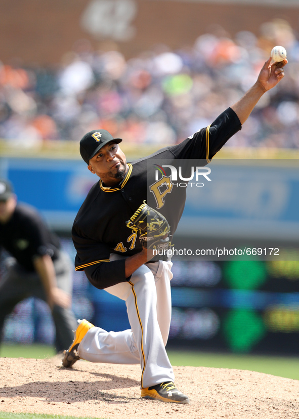 Pittsburgh Pirates starting pitcher Francisco Liriano pitches the sixth inning of a baseball game against the Detroit Tigers in Detroit, Mic...