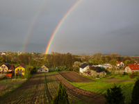 Extraordinary saturated rainbow was seen in the late afternoon in the suburbs of Krakow, Poland on May 7, 2021. (