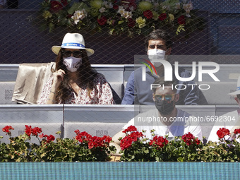 Raul Gonzalez Blanco and Mamen Sanz attended the 2021 ATP Tour Madrid Open tennis tournament singles quarter-final match at the Caja Magica...