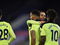 Callum Wilson of Newcastle United celebrates with teammates after scoring his sides third goal of the match during the Premier League match...