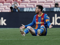 Lionel Messi of Barcelona gestures during the La Liga Santander match between FC Barcelona and Atletico de Madrid at Camp Nou on May 8, 2021...