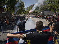 The Boixos Nois (ultras of FC Barcelona) at access 4 to Camp Nou on Saturday, May 8, 2021, awaiting the arrival of the players for the Leagu...