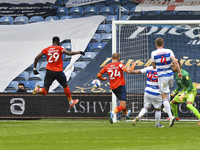 Elijah Adebayo of Luton town shoots at goal during the Sky Bet Championship match between Queens Park Rangers and Luton Town at Loftus Road...