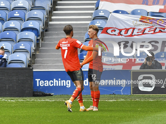  Kiernan Dewsbury-Hall of Luton town celebrates after scoring his team's first goal with Harry Cornick of Luton town during the Sky Bet Cham...