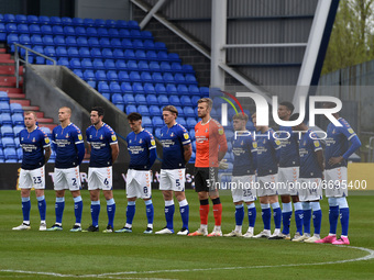 Oldham players before the Sky Bet League 2 match between Oldham Athletic and Forest Green Rovers at Boundary Park, Oldham on Saturday 8th Ma...