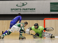 Angelo Girão, confronts Ferran Font during the Rink Hockey playoffs 1st leg between Sporting CP and OC Barcelos, at Pavilhão João Rocha, Lis...
