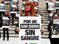 Several people participate in an anti-bullfighting protest in front of the Vista Alegre bullring, on May 9, 2021 in Madrid, Spain. During th...
