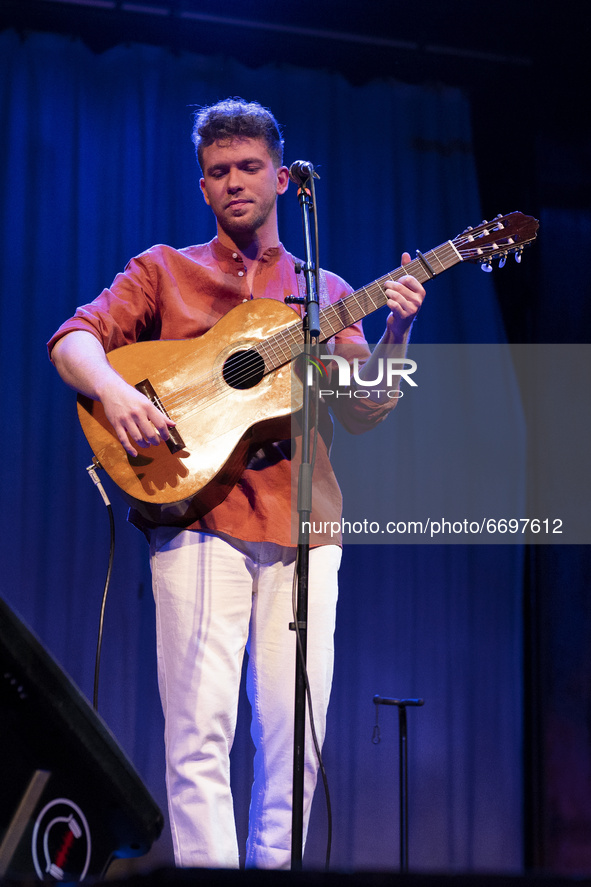 the singer Jesus Rendon during his performance at the Munoz Seca Theater in Madrid, Spain, on May 9, 2021. 