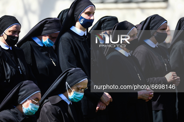 Nuns attend the ceremony commemorating St. Stanislaus at Church on the Rock in Krakow, Poland on May 9, 2021. Each year on the first Sunday...