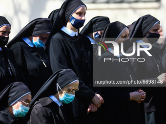 Nuns attend the ceremony commemorating St. Stanislaus at Church on the Rock in Krakow, Poland on May 9, 2021. Each year on the first Sunday...