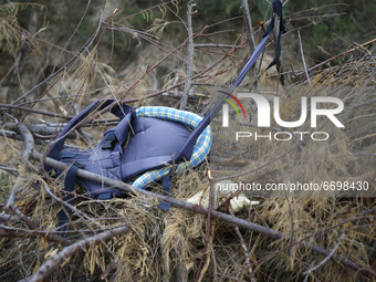 A discarded backpack is seen along the Rio Grande US/Mexican Border on May 9, 2021 in Roma Texas USA.As thousands of migrants arrive at the...