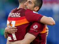 Borja Mayoral of AS Roma celebrates after scoring first goal during the Serie A match between AS Roma and FC Crotone at Stadio Olimpico, Rom...