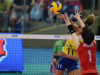 Joyce Silva (#11) of Brazil spikes the ball during the FIVB World Grand Prix intercontinental round match against Japanl at Indoor Stadium H...