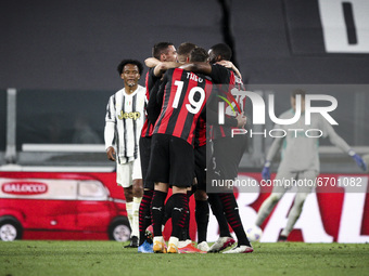 Milan forward Ante Rebic (12) celebrates with his teammates after scoring his goal to make it 0-2 during the Serie A football match n.35 JUV...