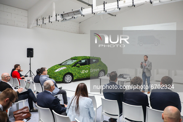 Press conference introducing Uber Green service in Krakow, Poland on 22 May, 2019. Krakow is the first city in Poland to benefit from this s...