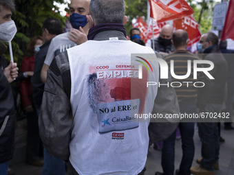 BBVA employees protest against layoffs, on May 10, 2021 in Madrid, Spain. Spain's second-largest bank BBVA is looking to shed 3,800 jobs, af...