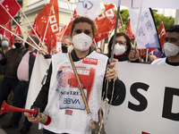 BBVA employees protest against layoffs, on May 10, 2021 in Madrid, Spain. Spain's second-largest bank BBVA is looking to shed 3,800 jobs, af...