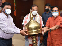 Assam Chief Minister Himanta Biswa Sarma being felicitated by State BJP President  Ranjit Kumar and MP Dilip Saikia at the party office, Hen...