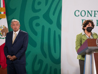 Delfina Gomez, Minister of Education, speaks during a press conference offers by Mexico’s President Andres Manuel Lopez Obrador  at National...