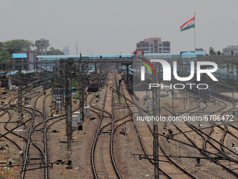 Railway tracks of the city railway station looks deserted due to the lockdown imposed by the state gvernment to fight against the Covid-19 c...