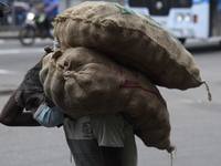 A man carrying heavy lorded onions near Colombo, Sri Lanka May 12, 2021 (
