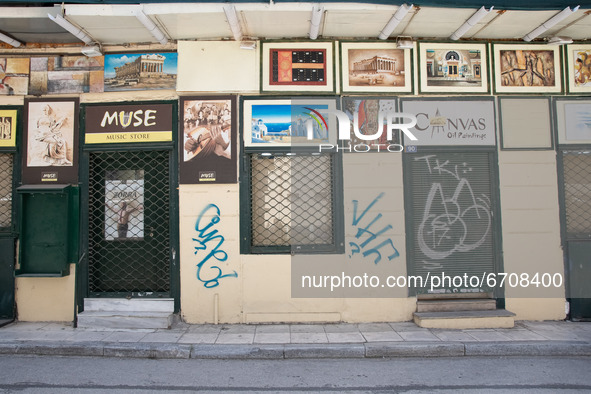 A closed store at the center of Athens, Greece on May 12, 2021. 