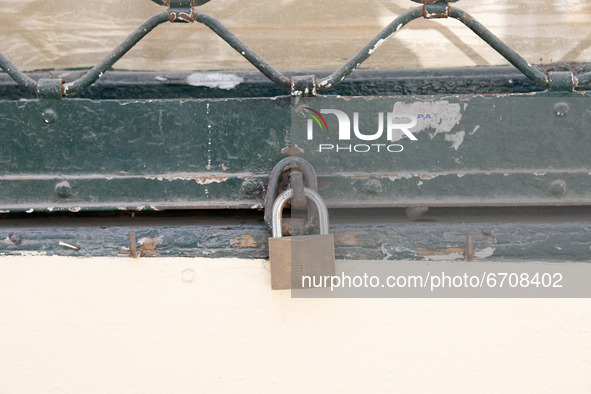 A padlock of closed store at the center of Athens, Greece on May 12, 2021. 