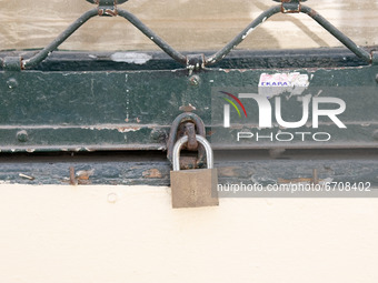 A padlock of closed store at the center of Athens, Greece on May 12, 2021. (