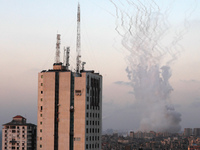 Rockets are launched towards Israel from Gaza City, controlled by the Palestinian Hamas movement, on May 12, 2021. (