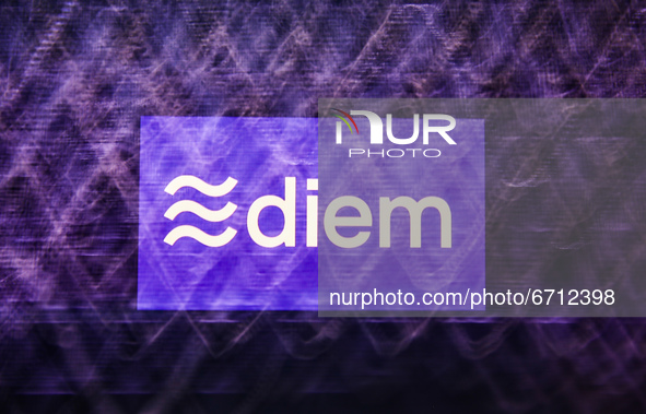 Logo of Diem digital currency displayed on a phone screen and a keyboard are seen in this multiple exposure illustration photo taken in Krak...