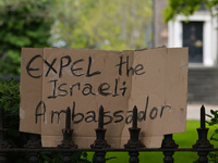A placard left by Pro-Palestinian protesters next to the Israeli Embassy on Pembroke Road in Dublin during 'Rally for Palestine'.
On Saturda...