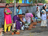 Hindu women complete final pongala preparations during the Attukal Pongala Mahotsavam Festival in the city of Thiruvananthapuram (Trivandrum...