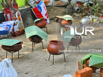 Pots containing pongala seen before cooking during the final day of the 10 day-long Attukal Pongala Mahotsavam Festival in the city of Thiru...