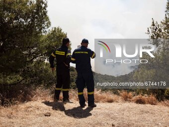 Two firefighters watch the route of the fire in Alepochori, in Korinthos area, west of Athens, Greece on May 21, 2021. (