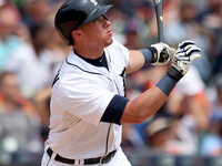 Detroit Tigers' James McCann hits a single in the second inning of a baseball game against the Toronto Blue Jays in Detroit, Michigan USA, o...