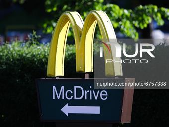 McDrive logo is seen near the McDonald's restaurant in Krakow, Poland on May 26, 2021. (