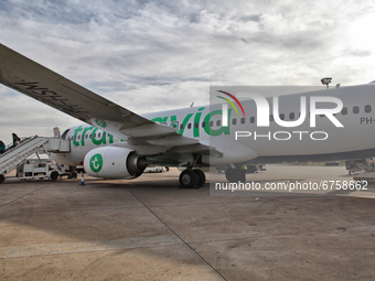 Transavia Airlines Boeing 737-8K2(WL) airplane at Mohammed V International Airport in Casablanca, Morocco, Africa. The airport is the busies...
