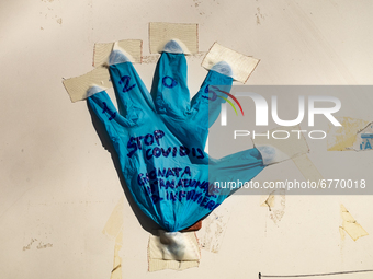 A protective glove is seen during nurse's day on May 12, 2021 in Lanciano, Abruzzo, Italy. (