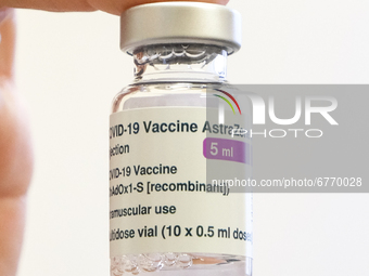 A vaccine jar Astrazeneca is seen in Lanciano, Italy, on February 28, 2021. (