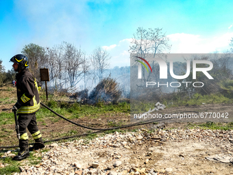 Fire fighters trying to control the fire in Lanciano, Abruzzo, Italy on April 2, 2021. (
