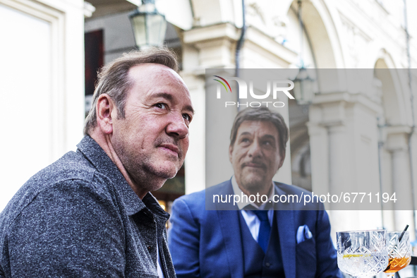 Kevin Spacey and actor Robert Davi take a break in a Cafe in downtown Turin, Italy on June 1, 2021. 
The actor Kevin Spacey visits Turin wh...
