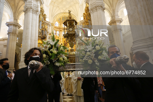 Procession during the traditional Mass of the Corpus Christi in the Cathedral on June 03, 2021 in Granada, Spain.
This year the Corpus Chris...