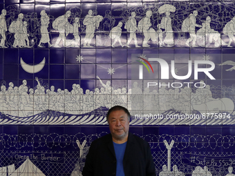 Chinese artist Ai Weiwei poses in front of one of his artworks that is made with Portuguese traditional 'azulejo' tiles during a press previ...