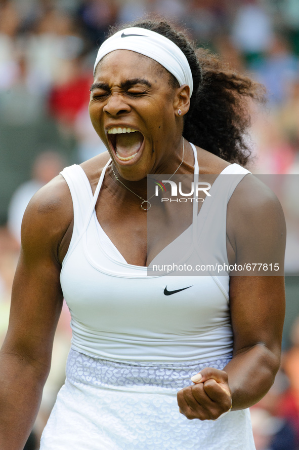 Serena Williams lets out a roar as she overcomes Viktoria Azarenka in three sets during day eight of the Wimbledon Lawn Tennis Championships...
