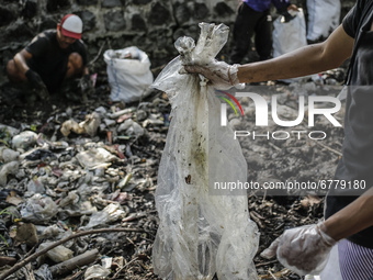 Volunteers of Sungai Watch take part in cleaning river canal from plastic trashes near mangrove forest during the World Environment Day in D...