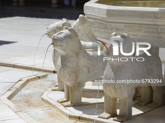 The Fountain of the Lions at the Alhambra Palace in Granada, Spain on June 10, 2021. (