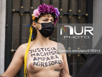 (EDITOR'S NOTE: This image contains nudity.) Femen activists protest against feminicide and demand a pardon for Juana Rivas on June 11, 2021...
